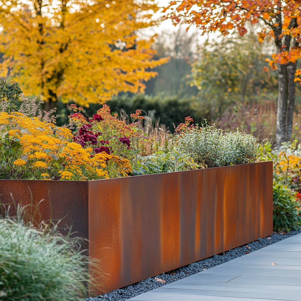 Bac jardinière en acier Corten planté dans un jardin contemporain